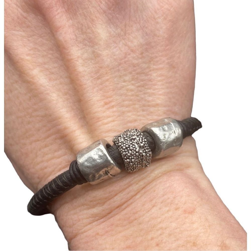 Lizzy James black leather and three silver beaded bracelet with hook clasp